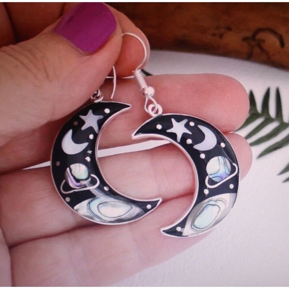 Universe Starry Sky Crescent Silver Plated Hook Earrings Space Celestial NWT